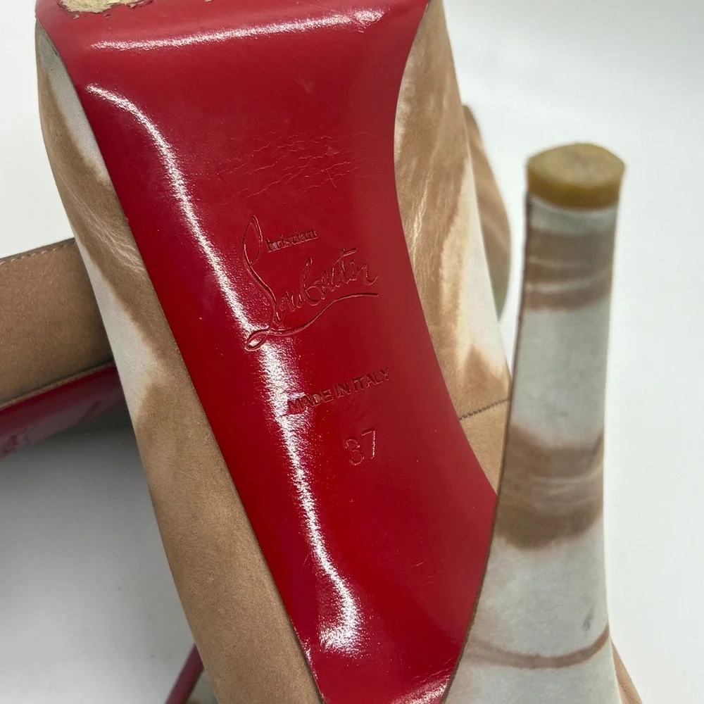 Christian Louboutin Marbled Tan Suede Peep Toe Platform Pumps Red Bottoms 37